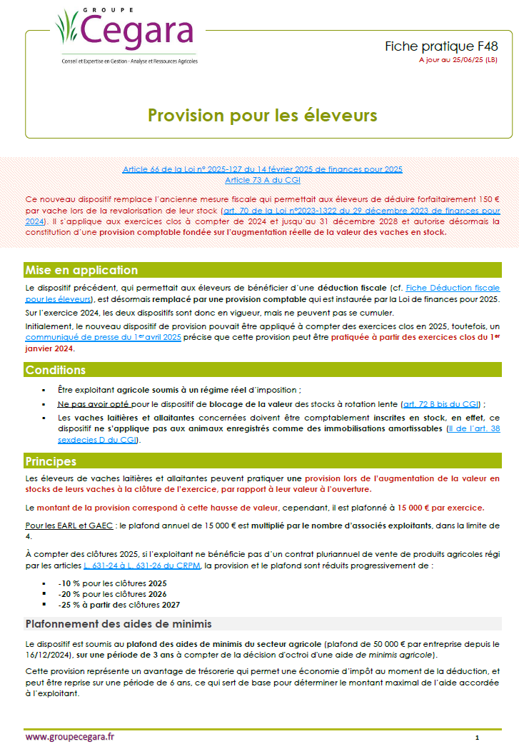 Provision pour les éleveurs