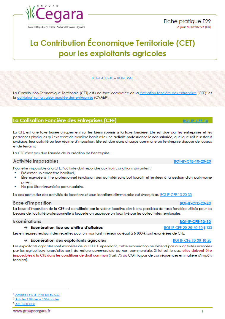 La Contribution Économique Territoriale (CET) pour les exploitants agricoles
