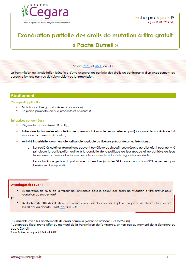 Exonération partielle des droits de mutation à titre gratuit : « Pacte Dutreil »
