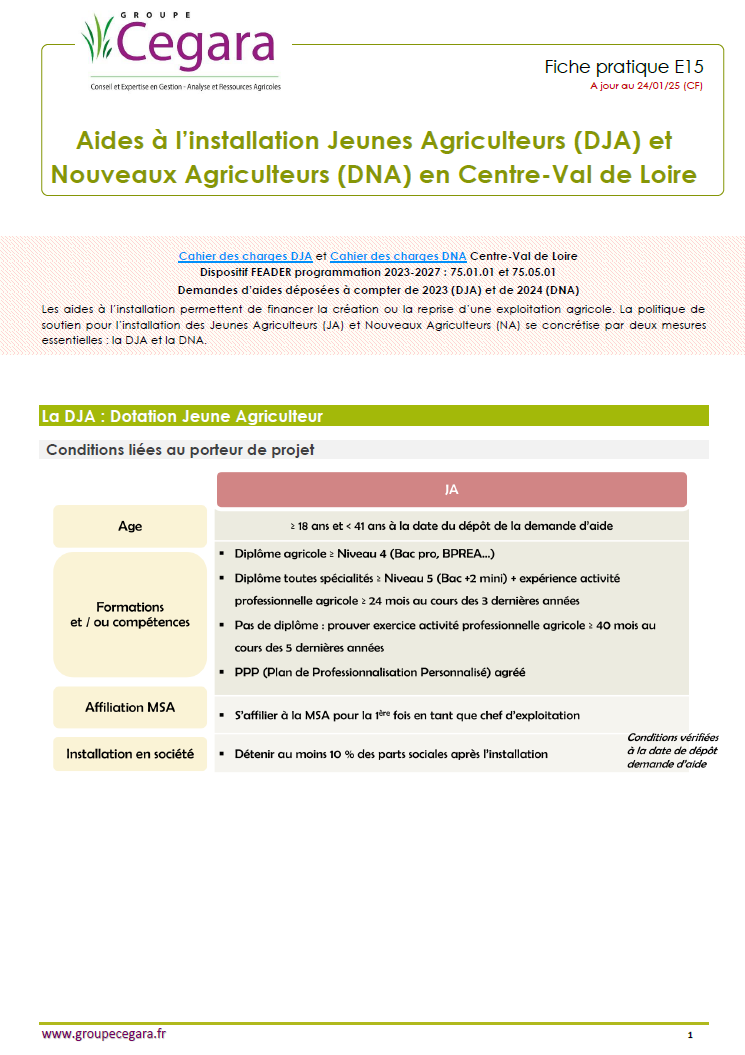 Aides à l’installation Jeunes Agriculteurs (DJA) et Nouveaux Agriculteurs (DNA) en Centre-Val de Loire