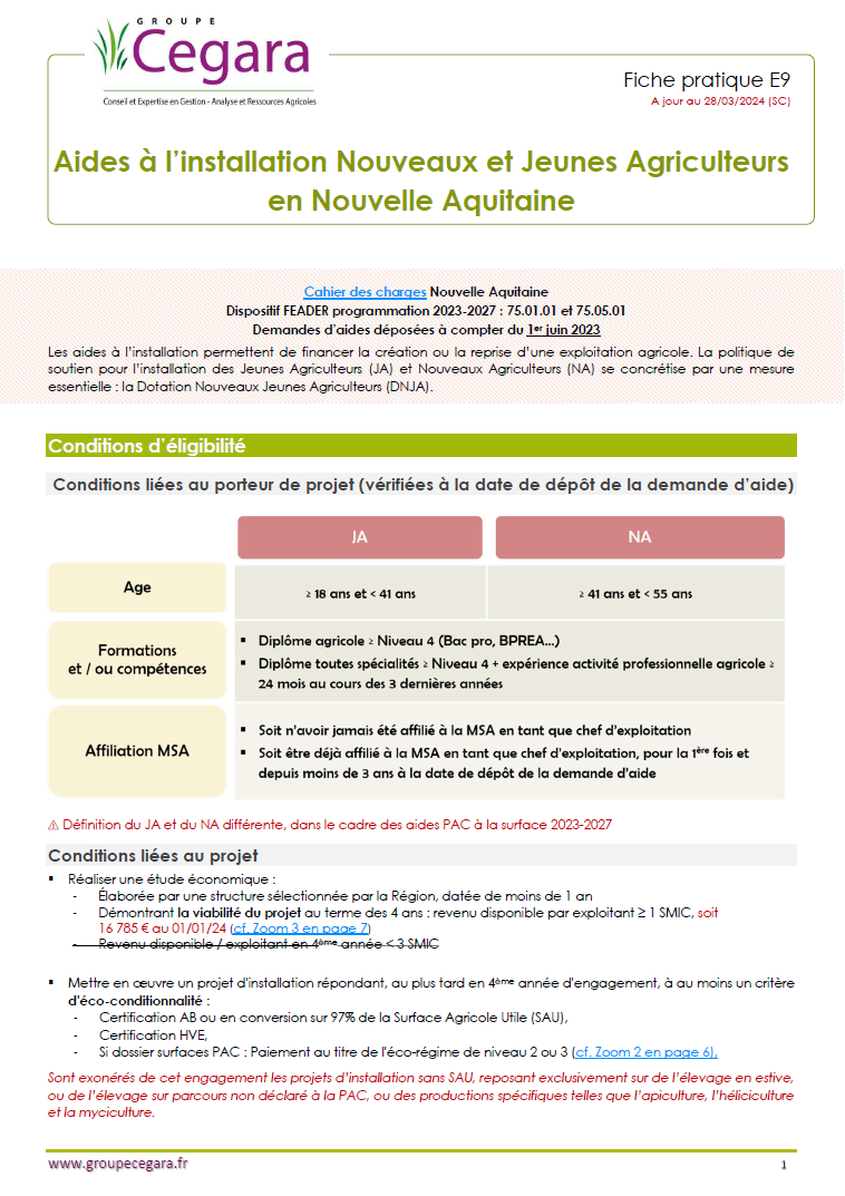 Aides à l'installation Nouveaux et Jeunes Agriculteurs (DNJA) en Nouvelle Aquitaine